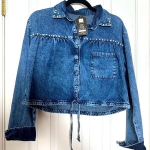 Blue Jean Button Down Shirt with Collared Neckline and Ruffled Detail